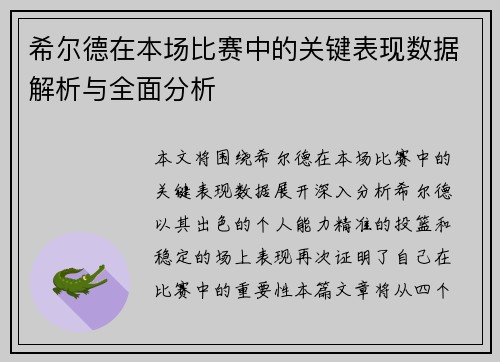 希尔德在本场比赛中的关键表现数据解析与全面分析